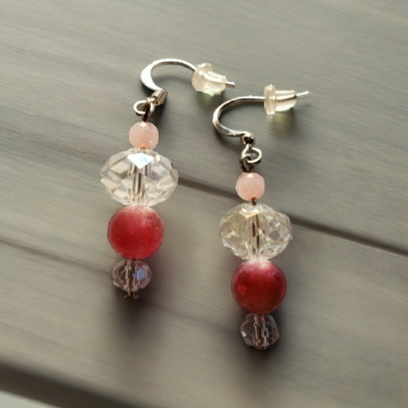 Handcrafted Rose Quartz & Crystal Beaded Drop Earrings - Picture 4 of 7